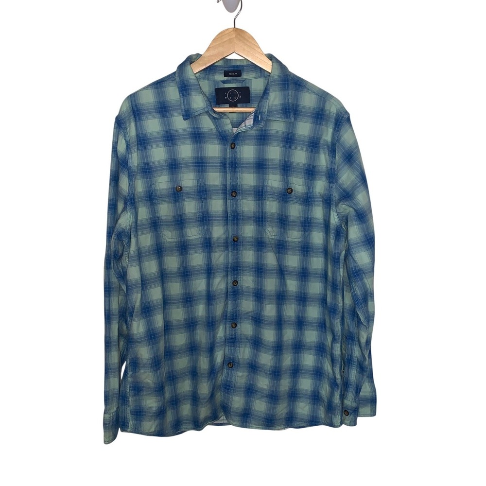 Even Tide Mens Regular Fit Blue Green Plaid Cotton Button Down Shirt L